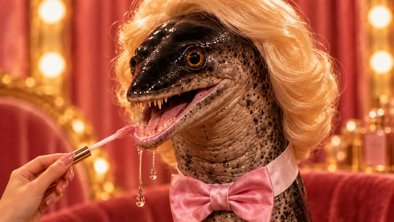 The Eel in a blonde wig, getting lip gloss