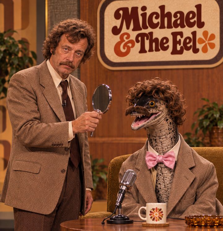 Michael holds up a mirror to the Eel, who is wearing Michael's hair, moustache and suit