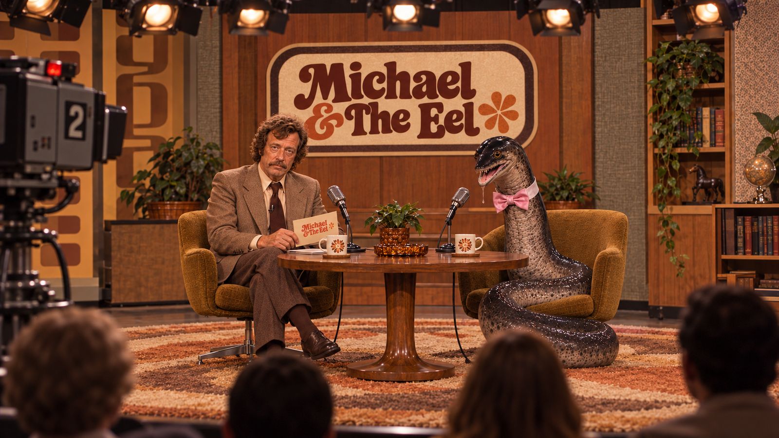 Michael and the Eel in their 1970s TV studio